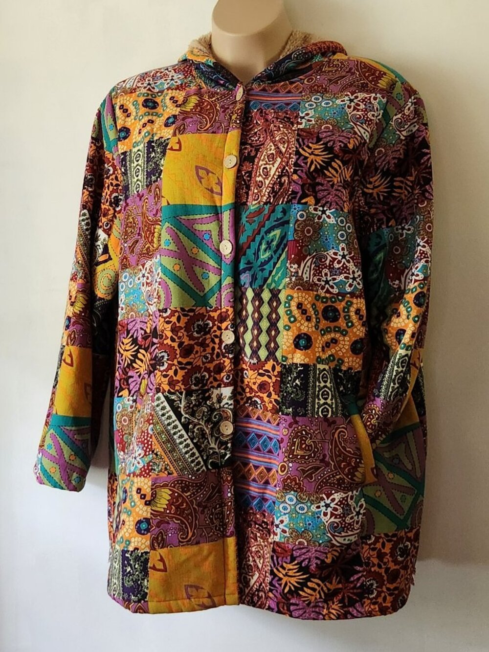 Colorful patchwork coat with hood sz 3X fleece lined VGUC